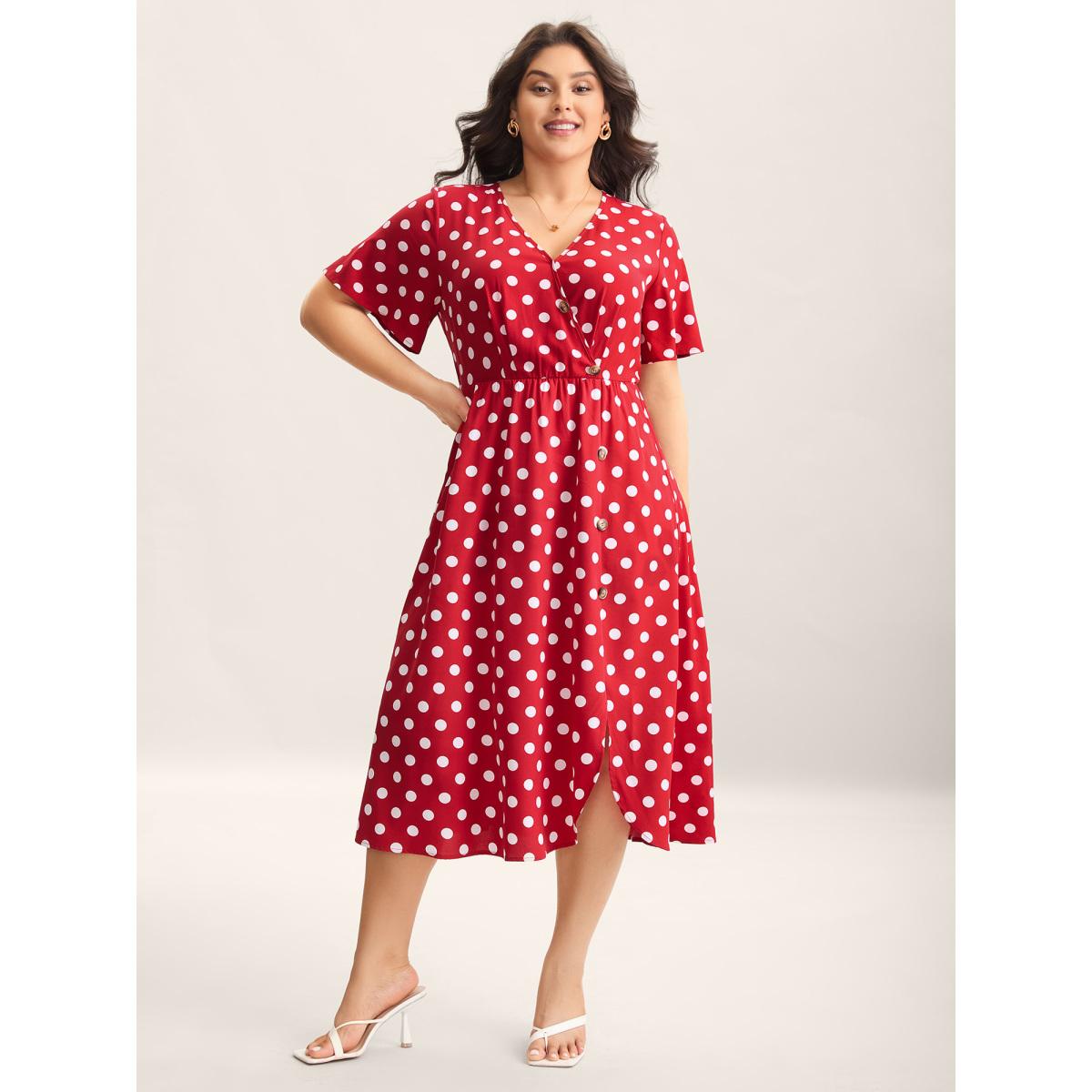 Plus Size Polka Dots Surplice Button Detail Midi Dress Burgundy Women Overlap Collar Short sleeve Curvy BloomChic 18-20/2X Product Image