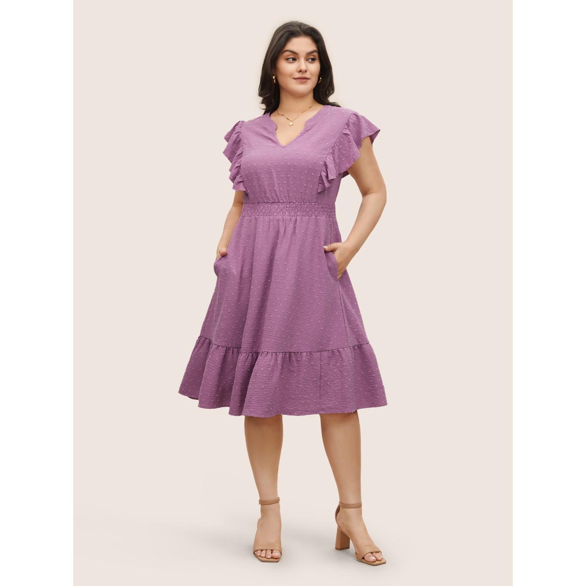 Plus Size Solid Textured Shirred Patchwork Ruffles Dress Lilac Women Elegant Non Notched collar Cap Sleeve Curvy Midi Dress BloomChic 14-16/1X Product Image