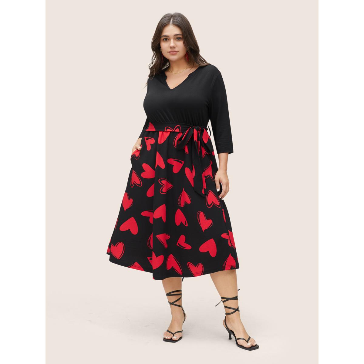 Plus Size Heart Print Notched Belted Patchwork Dress Black Women Elegant Non Notched collar Elbow-length sleeve Curvy Midi Dress BloomChic 28/5X Product Image