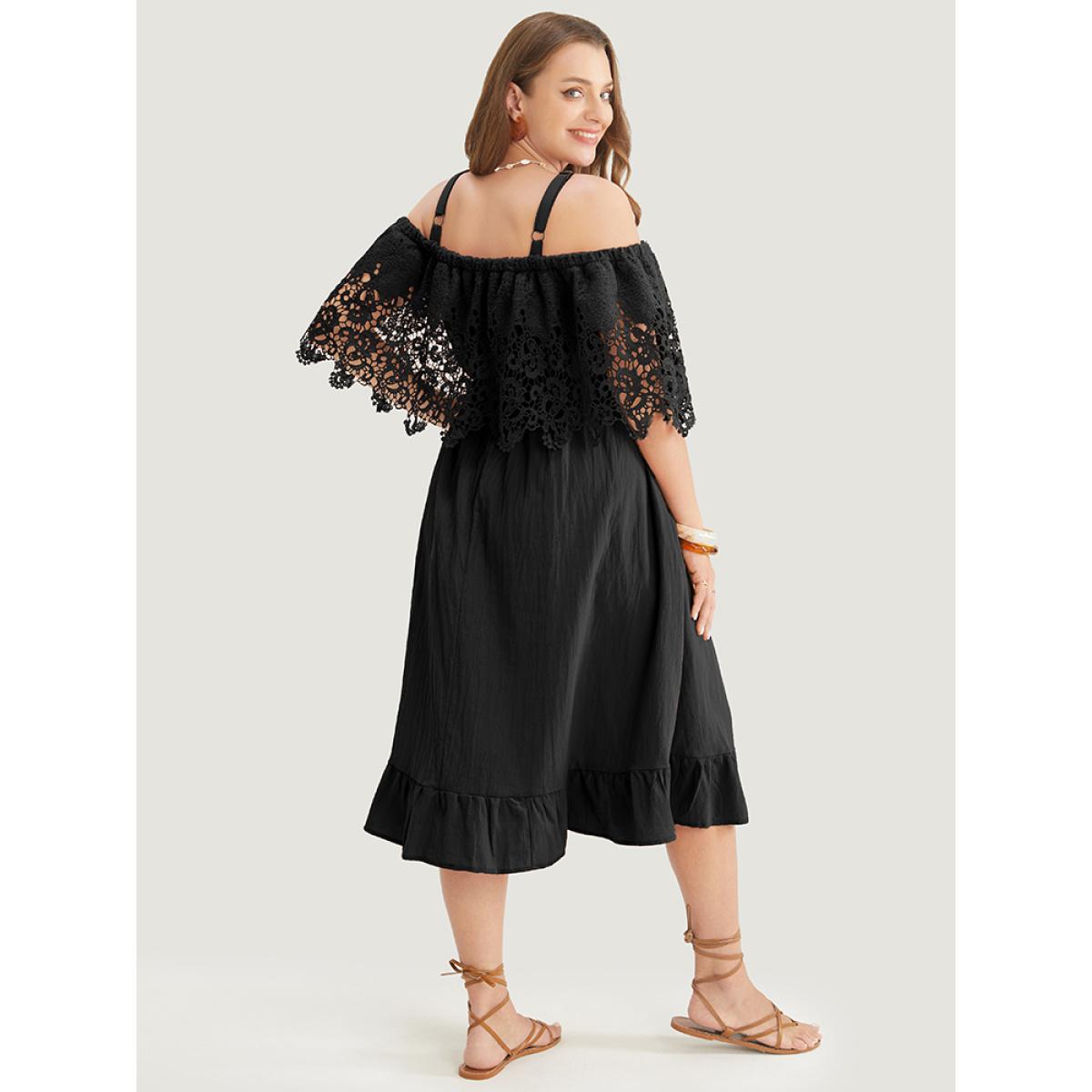 Plus Size Solid Cold Shoulder Contrast Lace Pocket Ruffle Hem Dress Black Women Resort Broderie anglaise Non Short sleeve Curvy Midi Dress BloomChic 26/4X Product Image