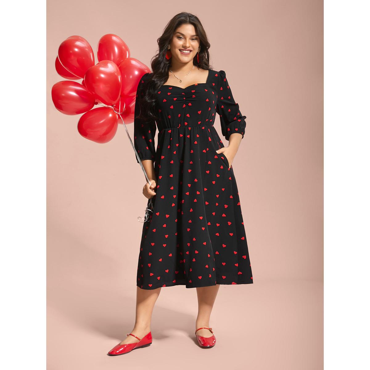 Plus Size Sweetheart Neckline Side Slit Midi Dress Black Women Elegant Gathered Heart neckline Elbow-length sleeve Curvy BloomChic 12/L Product Image