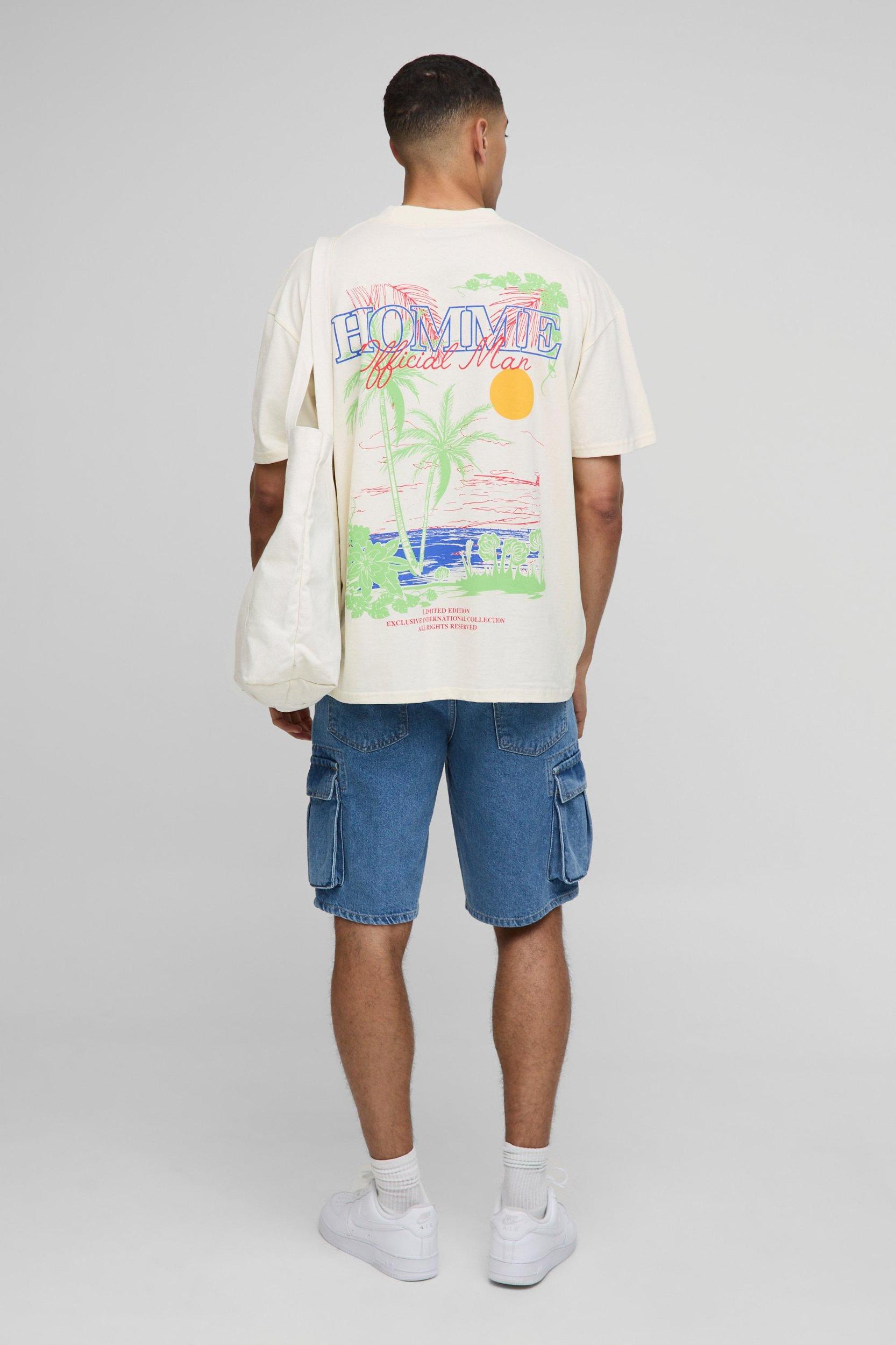 Oversized Extended Neck Sketchy Palm Tree Landscape T-Shirt | boohooMAN USA Product Image