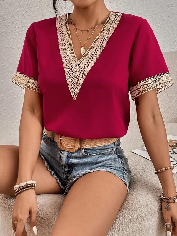 Casual Loose Lace Split-Joint V-Neck T-Shirts Tops Product Image