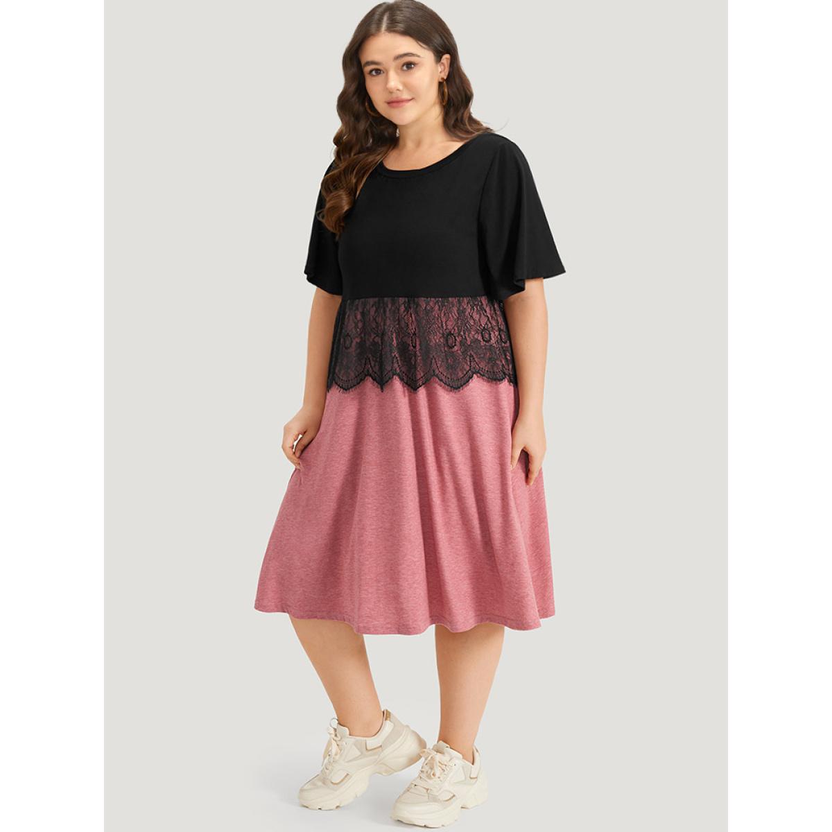 Plus Size Supersoft Essentials Colorblock Contrast Guipure Lace Flutter Sleeve Dress Rouge Women Casual Contrast Round Neck Short sleeve Curvy Midi Dress BloomChic 22-24/3X Product Image