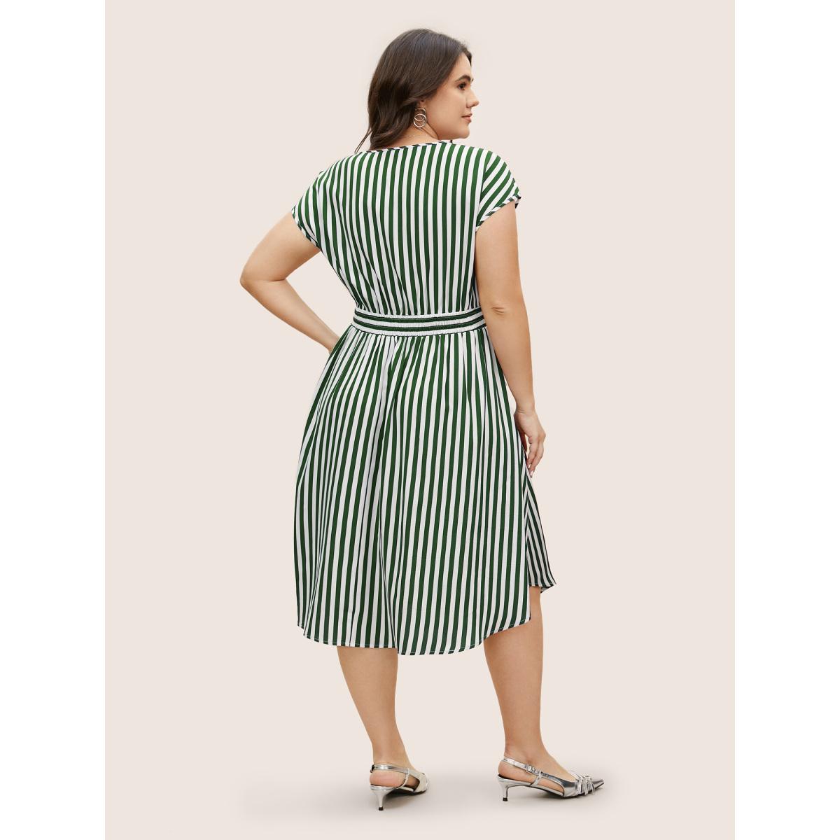 Plus Size Striped Shirred Dolman Sleeve Dress Truegreen Women At the Office V-neck Cap Sleeve Curvy BloomChic 26/4X Product Image