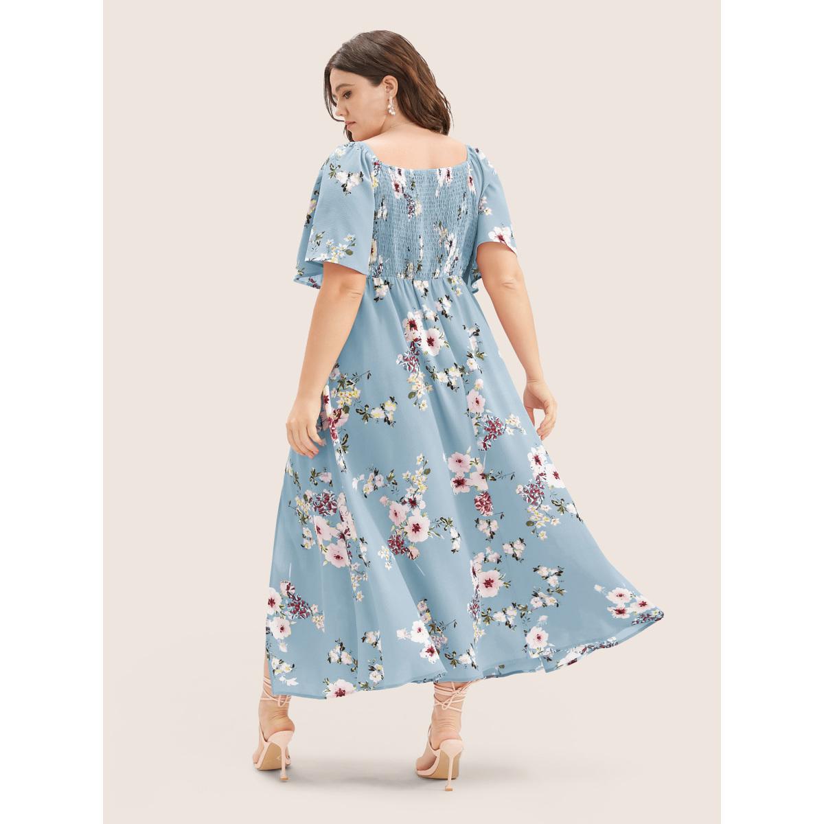 Plus Size Floral Square Neck Ruffles Pocket Shirred Split Dress Stone Women Romantic Non Square Neck Short sleeve Curvy BloomChic 30/6X Product Image