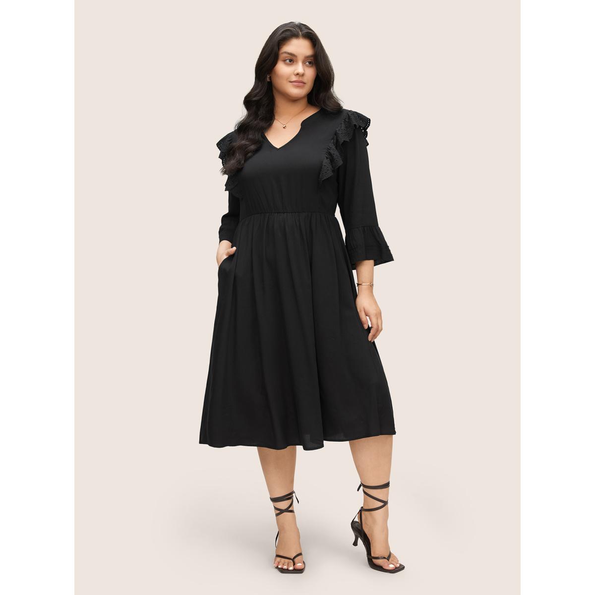 Plus Size Solid Laser Cut Flutter Trim Bell Sleeve Dress Black Women Elegant Non Notched collar Elbow-length sleeve Curvy Knee Dress BloomChic 28/5X Product Image