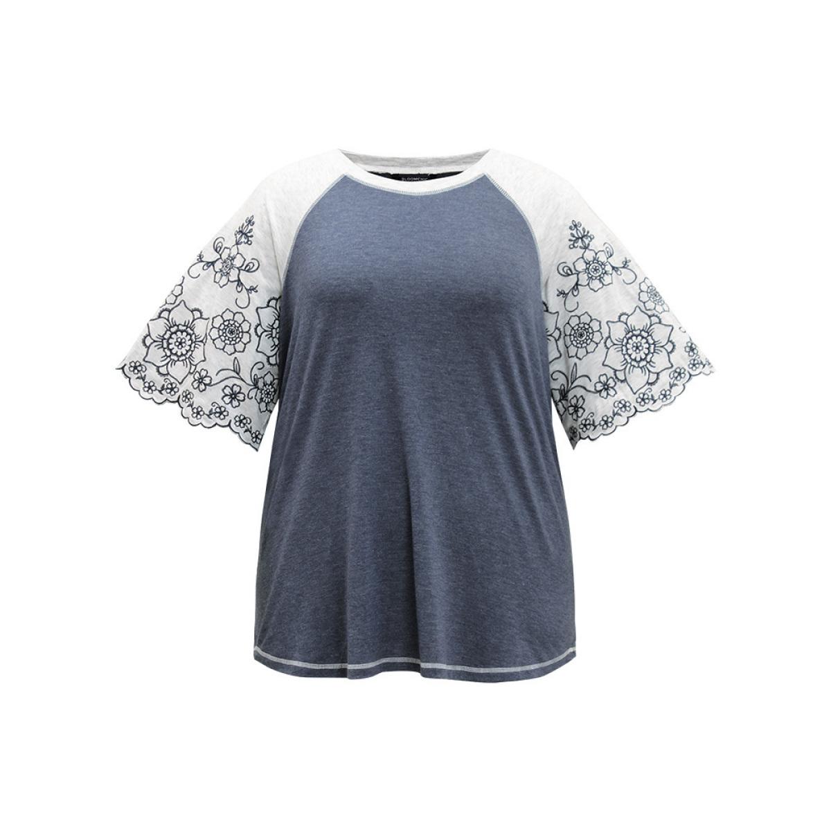 Plus Size Contrast Embroidered Scalloped Trim T-shirt Indigo Women Elegant Contrast Silhouette Floral Print Round Neck Dailywear T-shirts BloomChic 14-16/1X Product Image