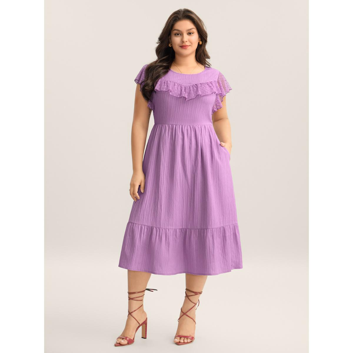 Plus Size Textured Ruffled Detail Pockets Midi Dress RedViolet Women Round Neck Cap Sleeve Curvy BloomChic 30/6X Product Image