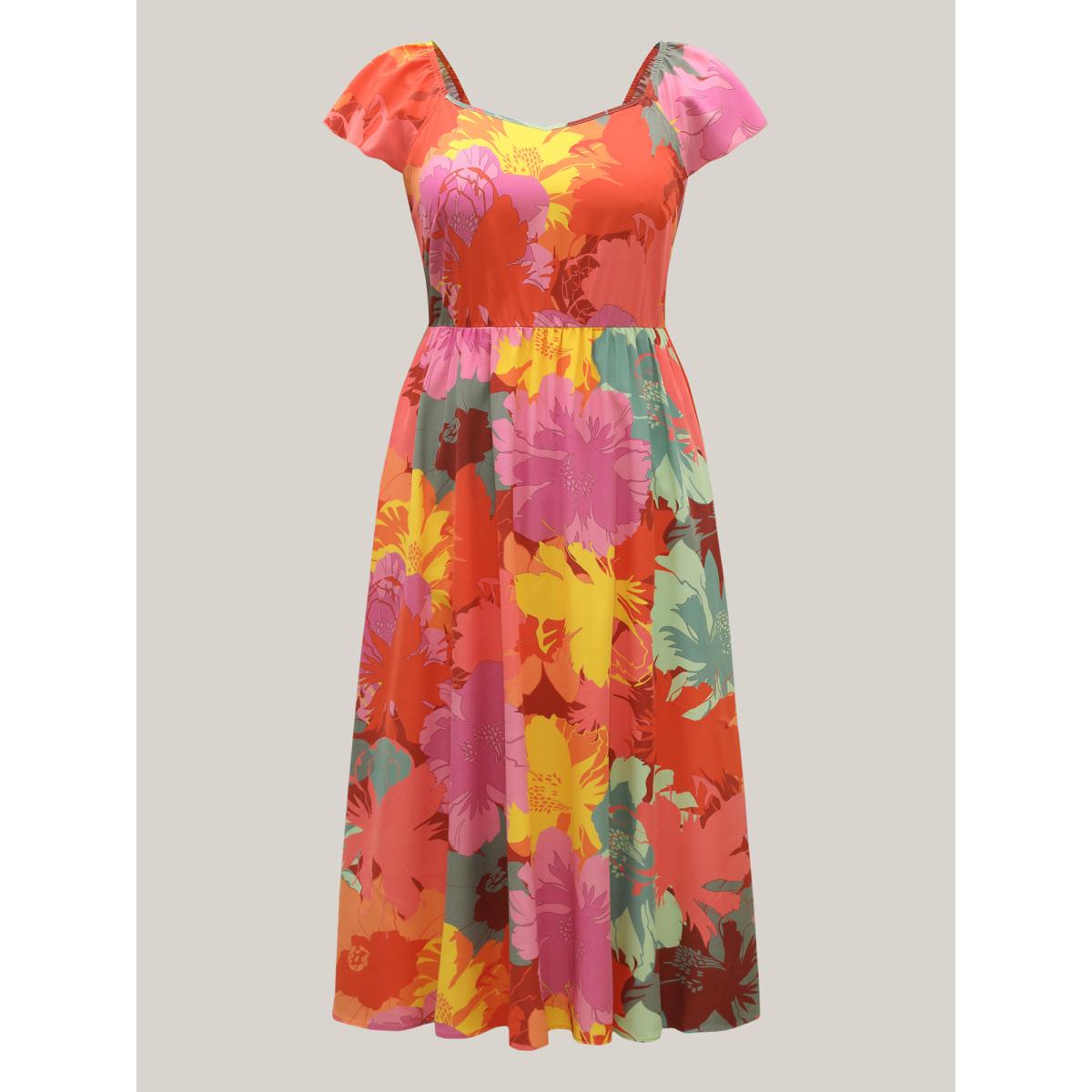 Plus Size Colorful Large Flower Print Pockets Midi Dress Multicolor Women Heart neckline Cap Sleeve Curvy BloomChic 30/6X Product Image