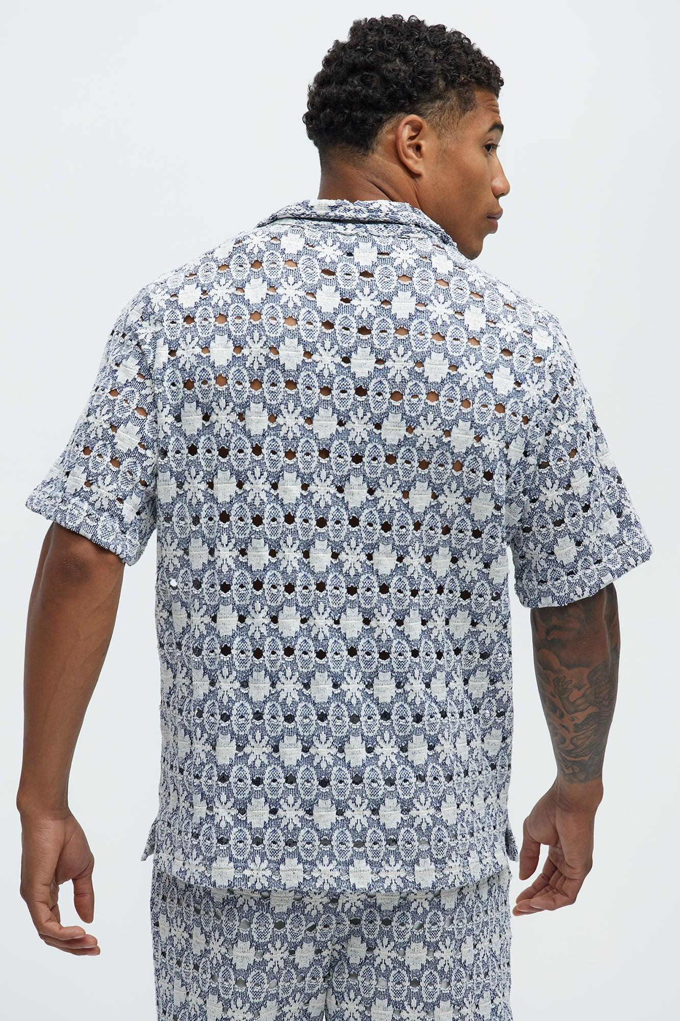 Patterned Open Knit Shorts - Blue/combo Product Image