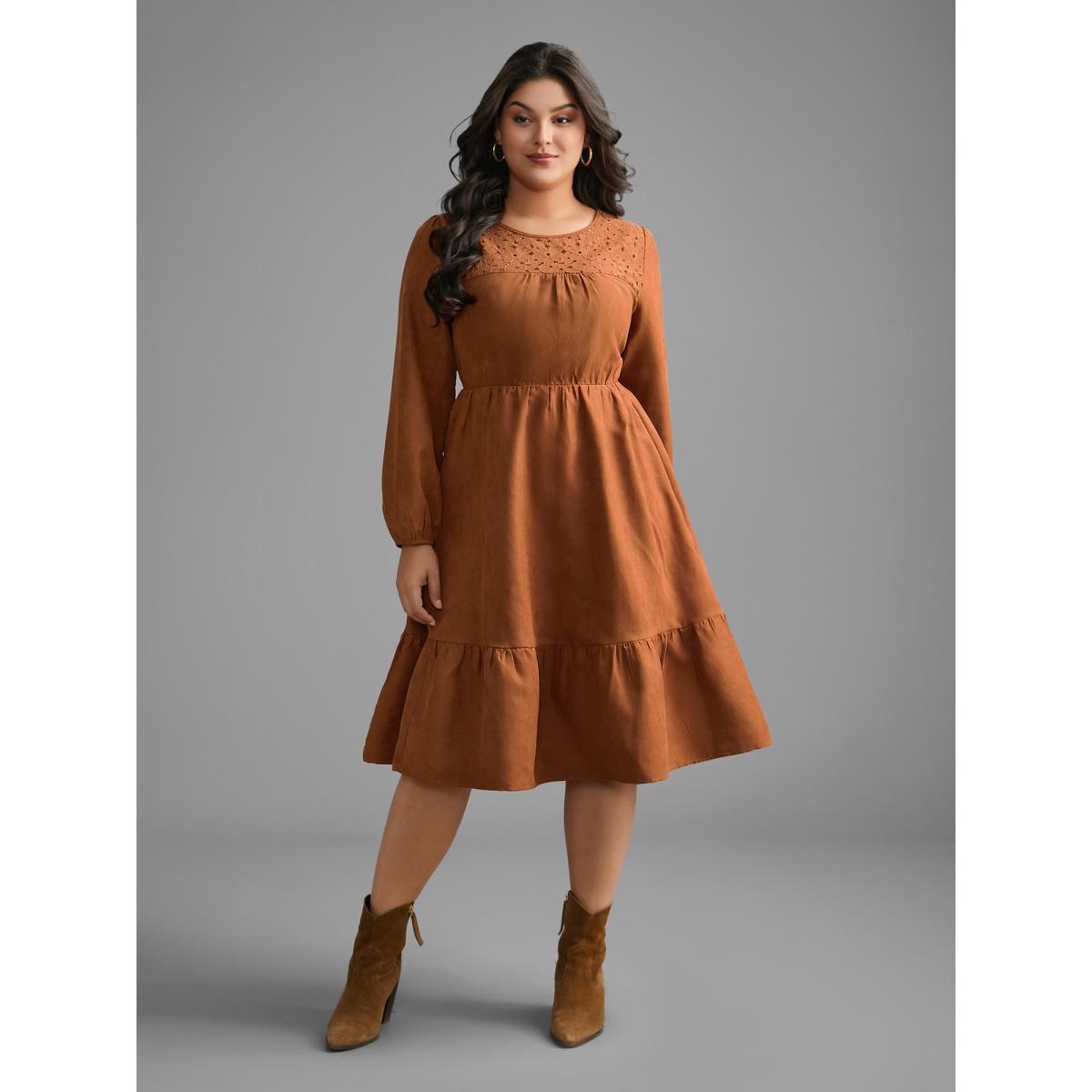 Plus Size Faux Suede Lace Panel Lantern Sleeve Dress Yellowishbrown Women Timeless Texture Round Neck Long Sleeve Curvy BloomChic 30/6X Product Image