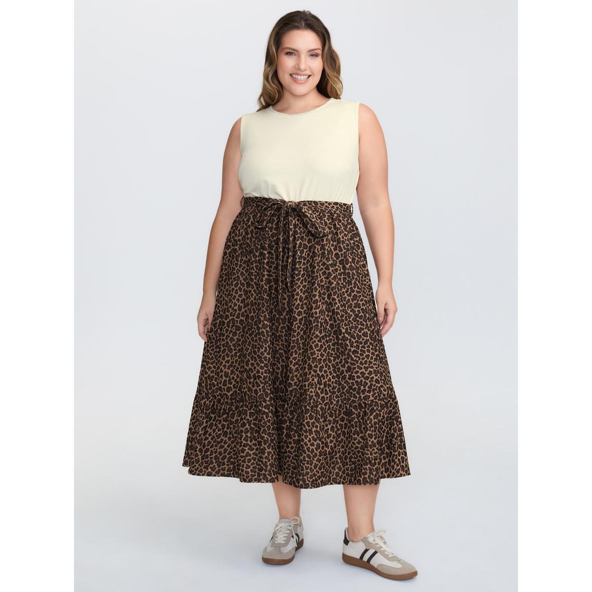 Plus Size Leopard Print Patchwork Belted Waist Midi Dress Multicolor Women Leisure Texture Round Neck Sleeveless Curvy BloomChic 30/6X Product Image