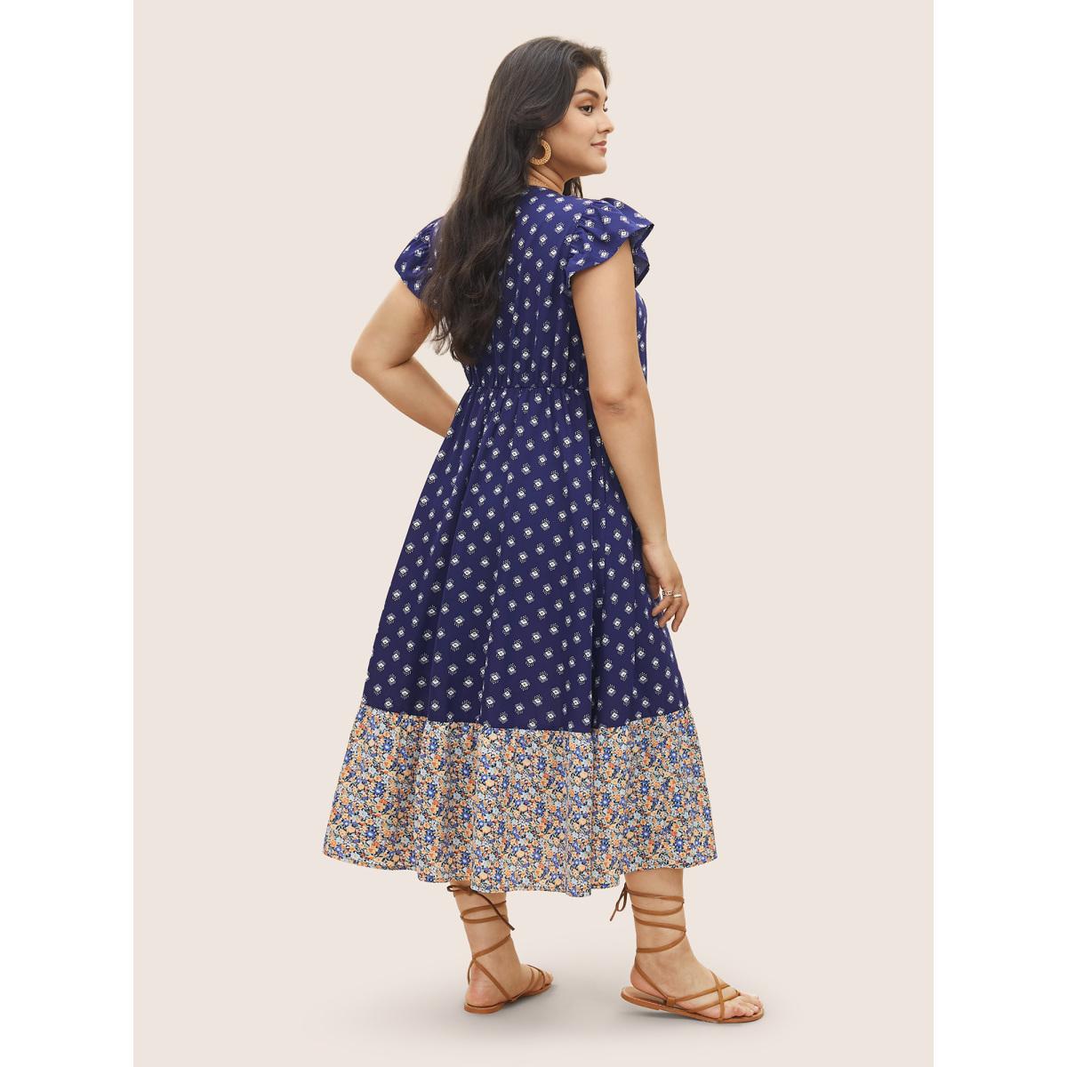 Plus Size Boho Print Ruffle Cap Sleeve Lace Up Dress DarkBlue Women Resort Non V-neck Cap Sleeve Curvy Midi Dress BloomChic 18-20/2X Product Image