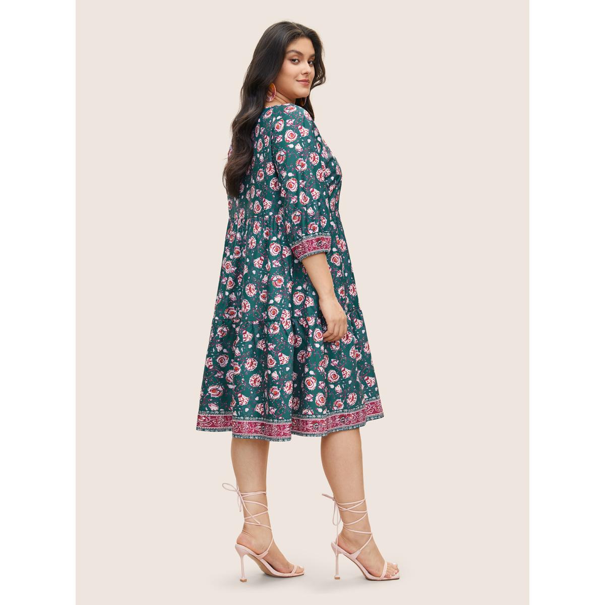 Plus Size Bandana Floral Print Lantern Sleeve Gathered Dress Emerald Women Resort Non Round Neck Elbow-length sleeve Curvy Midi Dress BloomChic 18-20/2X Product Image