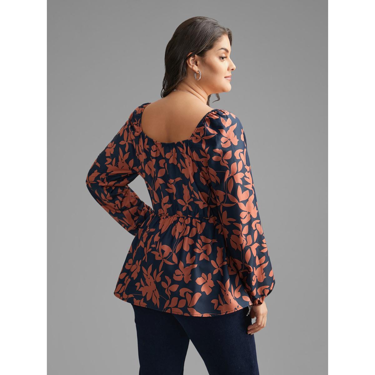 Plus Size Indigo Notched Silhouette Floral Print Lantern Sleeve Blouse Women Elegant Long Sleeve Notched collar Everyday Blouses BloomChic 22-24/3X Product Image