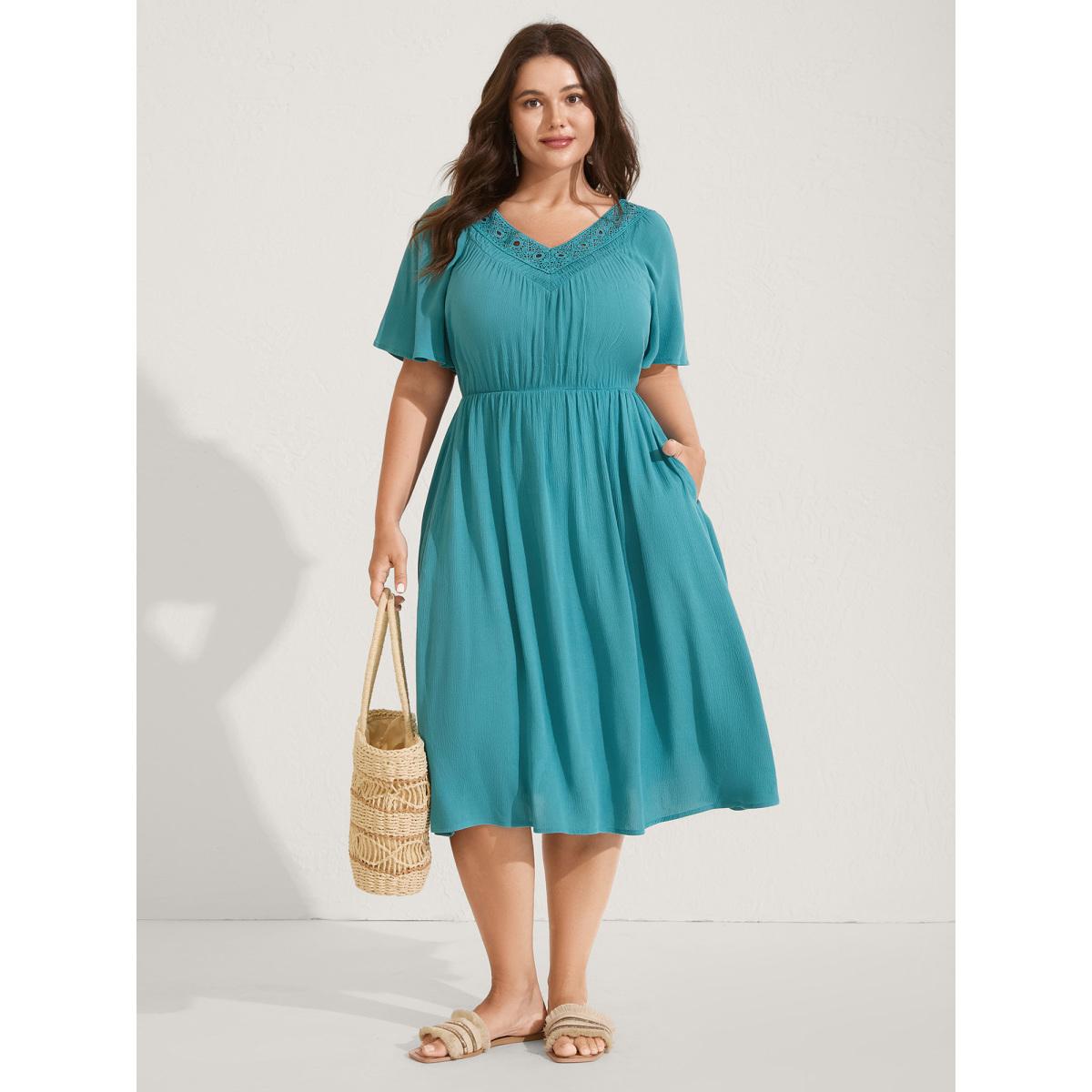 Plus Size Lace Neck Flared Sleeve Midi Dress Arctic Women V-neck Short sleeve Curvy BloomChic 18-20/2X Product Image