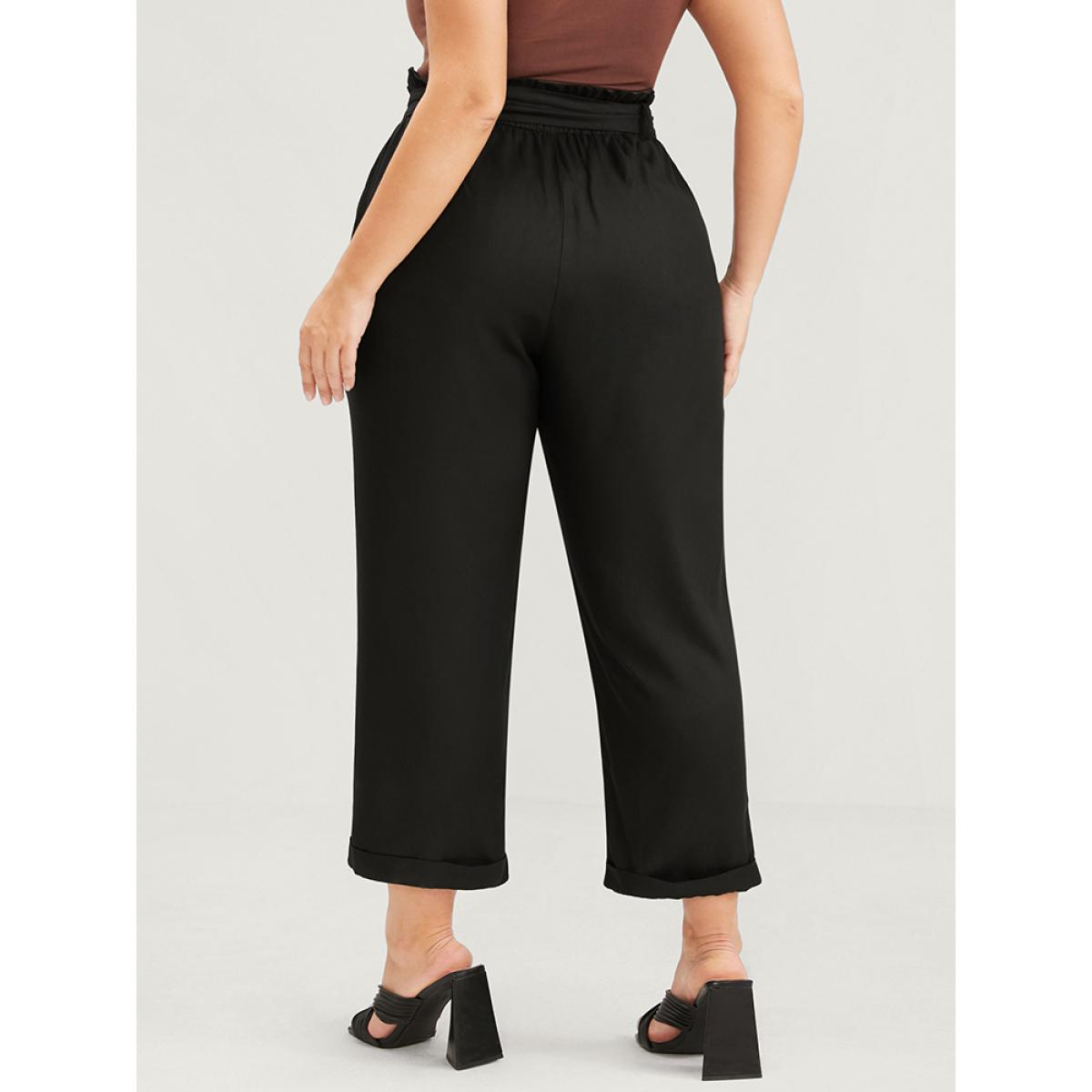 Plus Size Solid Pocket Front Paperbag Waist Belted Pants Women Black Casual High Rise Dailywear Pants BloomChic 10/M Product Image