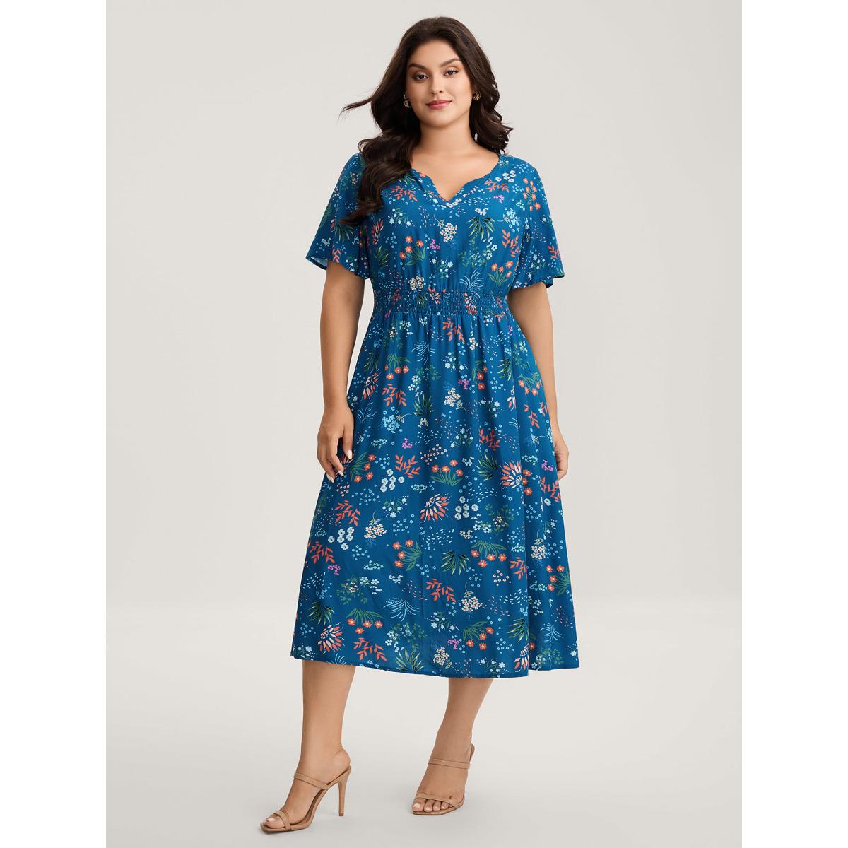 Plus Size Rayon Playful Floral Shirred Midi Dress Mediumblue Women Timeless Notched collar Short sleeve Curvy BloomChic 30/6X Product Image