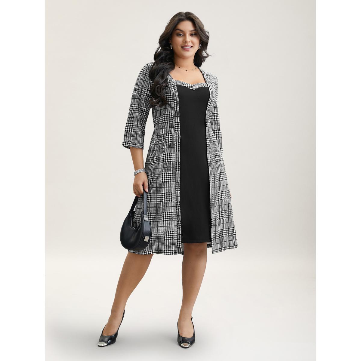 Plus Size Houndstooth Print Waist-Cinched Patchwork Midi Dress BlackFlower Women Office Patchwork Knit Dresses Bloomchic 28/5X Product Image