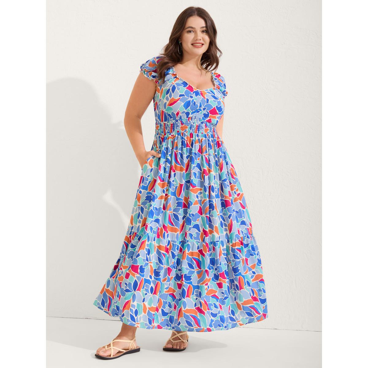 Plus Size Floral Abstract Shirred Waist Midi Dress Bluepurple Women V-neck Cap Sleeve Curvy BloomChic 14-16/1X Product Image