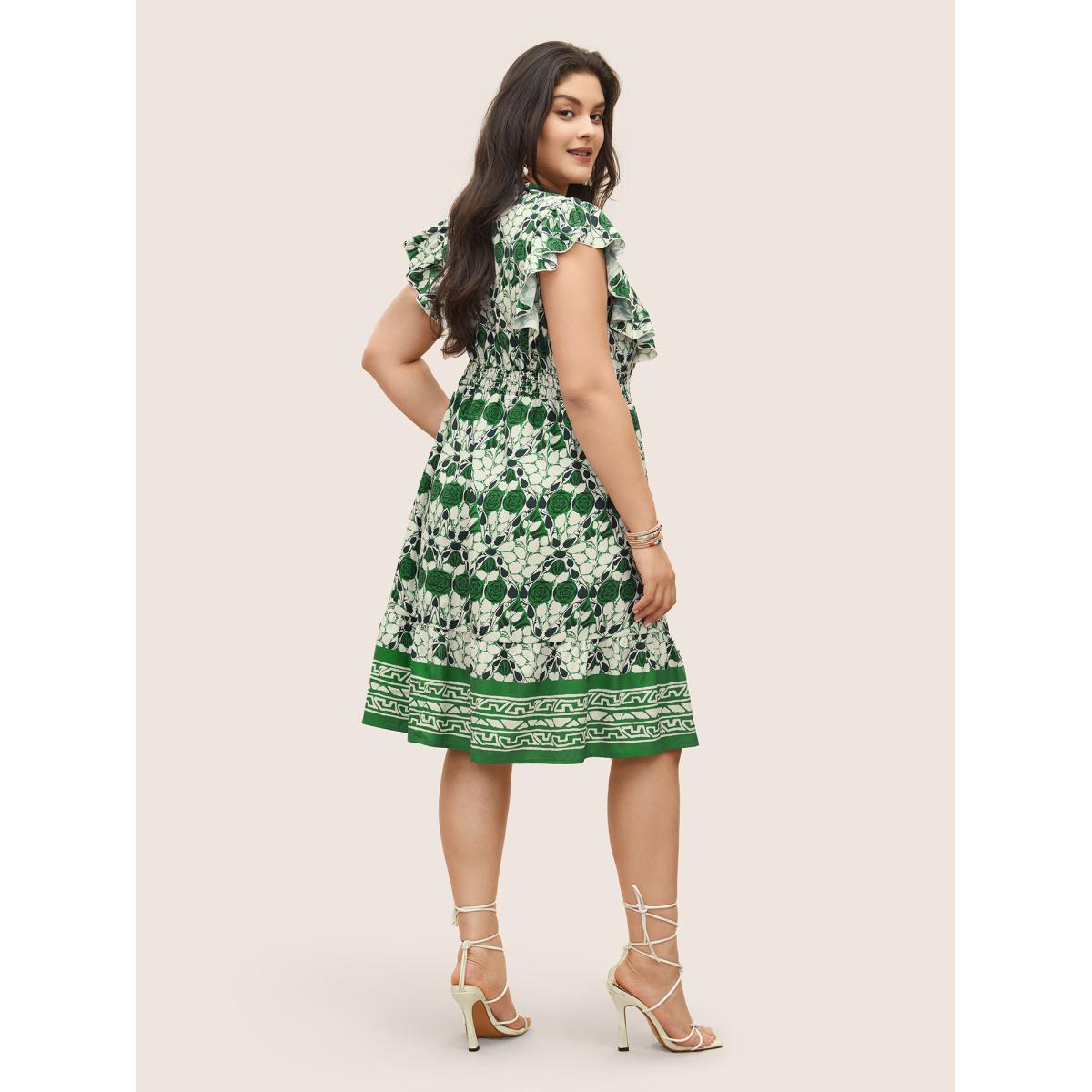 Plus Size Boho Print Ruffles Shirred Pocket Elastic Waist Dress Green Women Boho Non Notched collar Cap Sleeve Curvy Midi Dress BloomChic 12/L Product Image