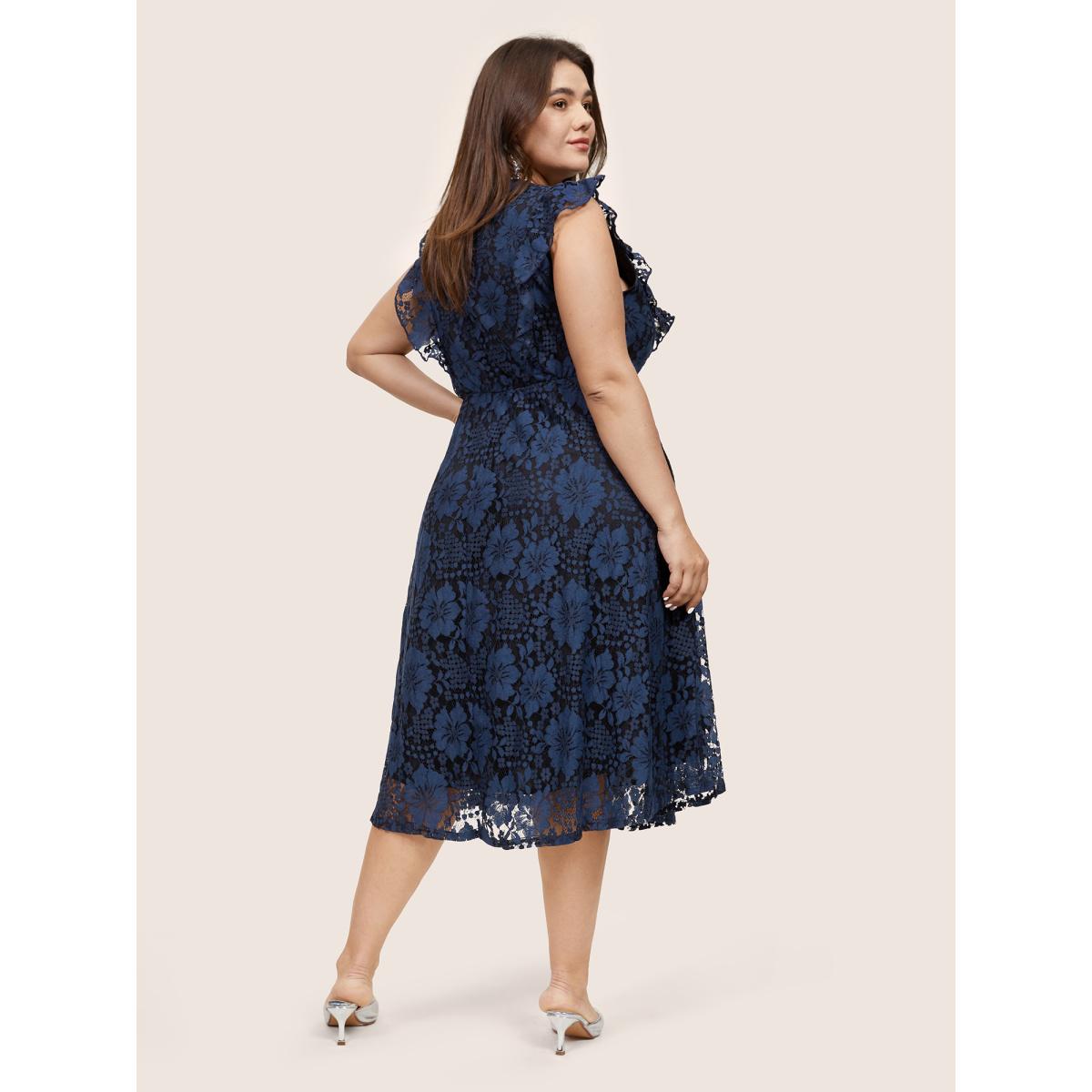 Plus Size Eyelet Lace Pocket Ruffle Trim Sleeveless Dress Black Women Glamour Lace V-neck Sleeveless Curvy Midi Dress BloomChic 30/6X Product Image