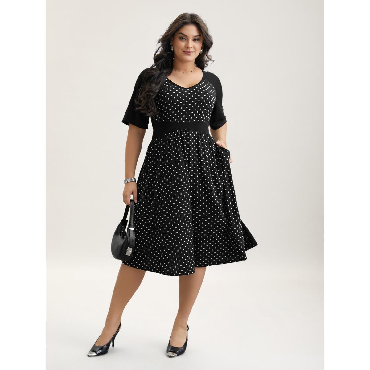 Plus Size Supersoft Polka Dot Waist-Cinched Midi Dress BlackFlower Women At the Office Patchwork Knit Dresses Bloomchic 28/5X Product Image