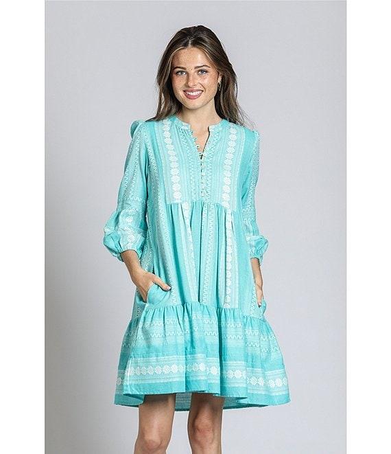 APNY Bohemian Embroidered Split V-Neck 3/4 Sleeve Tiered A-Line Dress Product Image