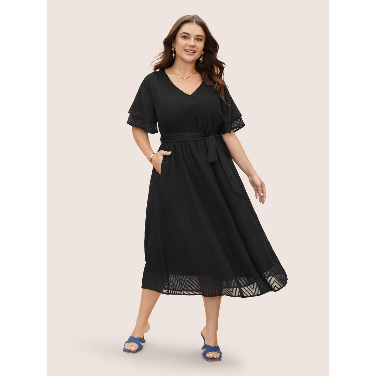 Plus Size Texture Tiered Ruffle Sleeve See Through Dress Black Women Elegant Texture V-neck Half Sleeve Curvy BloomChic 14-16/1X Product Image