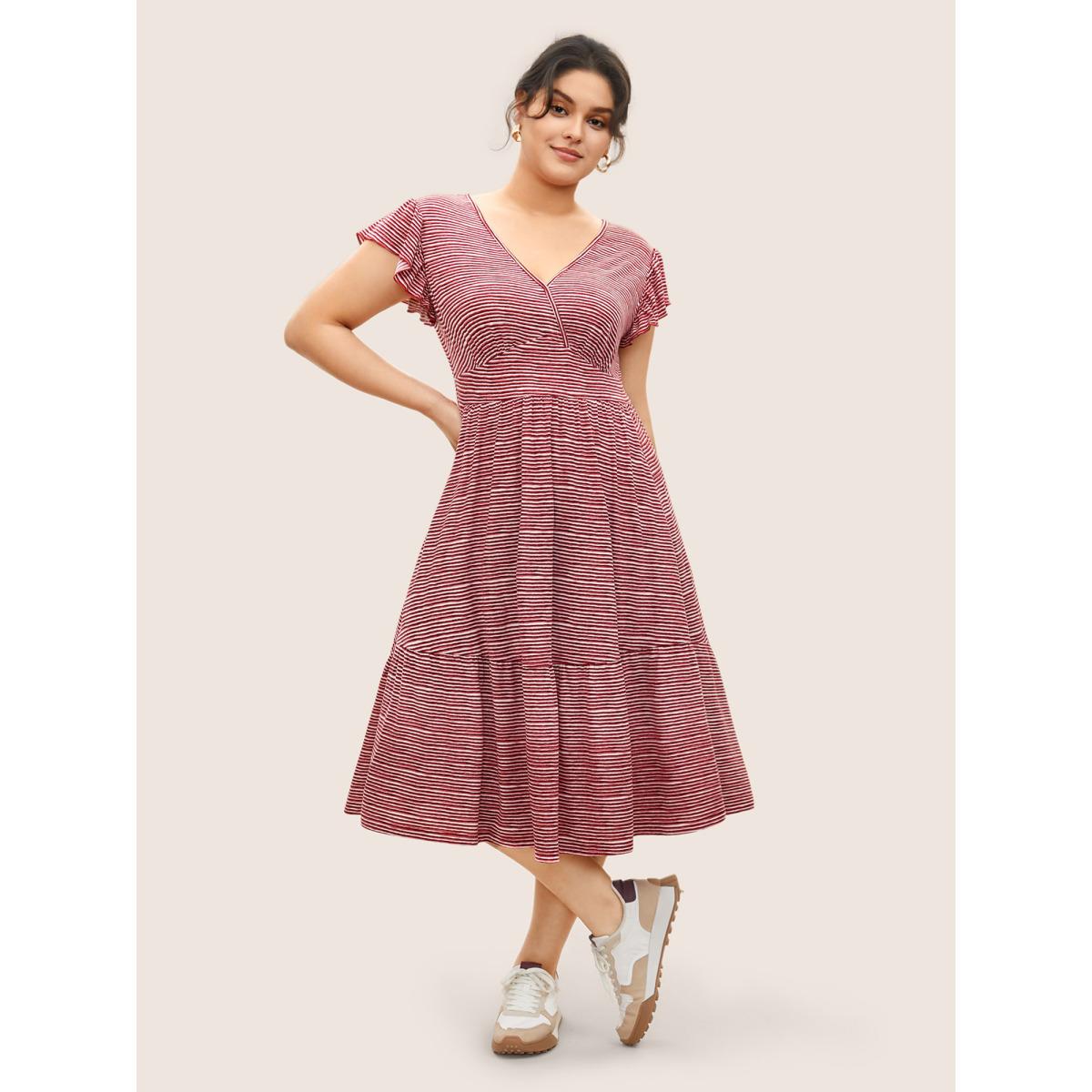 Plus Size Striped Surplice Neck Ruffle Cap Sleeve Dress Russet Women Casual Non Overlap Collar Cap Sleeve Curvy Midi Dress BloomChic 30/6X Product Image