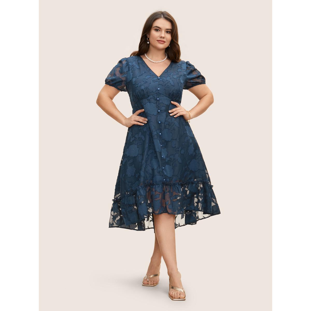 Plus Size Textured Mesh Puff Sleeve Button Detail Dress DarkBlue Women Elegant Texture V-neck Short sleeve Curvy BloomChic 14-16/1X Product Image