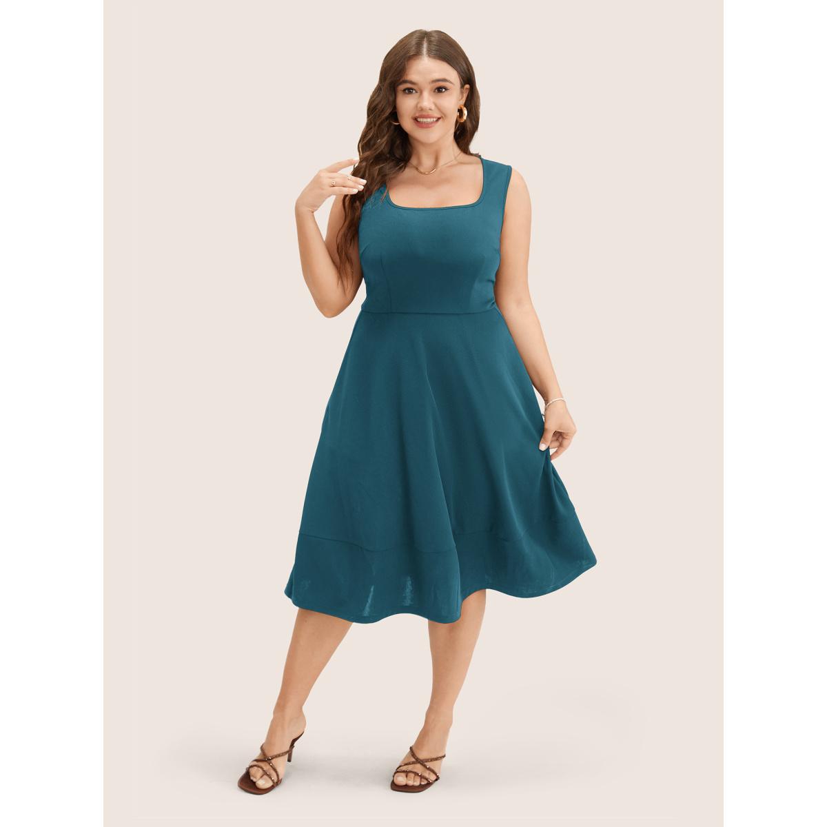 Plus Size Solid Pocket Sleeveless Ruffle Hem Tank Dress ArmyGreen Women Workwear Essentials Non Round Neck Sleeveless Curvy Midi Dress BloomChic 14-16/1X Product Image
