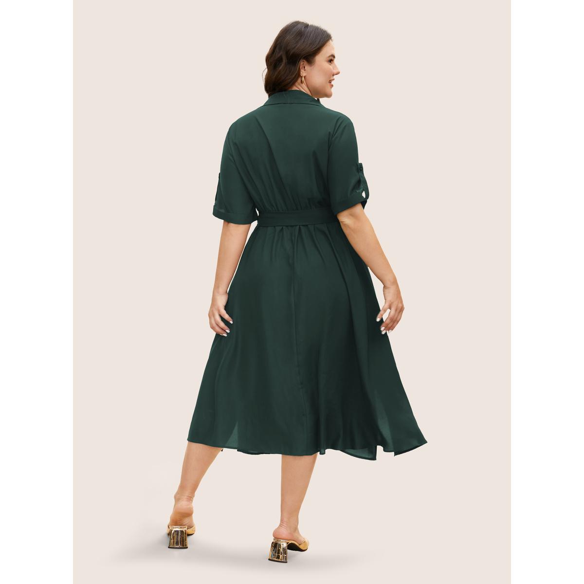 Plus Size Shirt Collar Tab Sleeve Split Hem Dress Cyan Women Office Belted Shirt collar Half Sleeve Curvy BloomChic 12/L Product Image