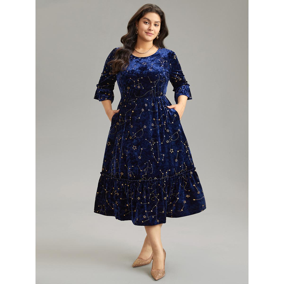 Plus Size Star Velvet Glitter Elastic Waist Crew Neck Dress Midnight Women Cocktail Velvet Round Neck Elbow-length sleeve Curvy Midi Dress BloomChic 22-24/3X Product Image