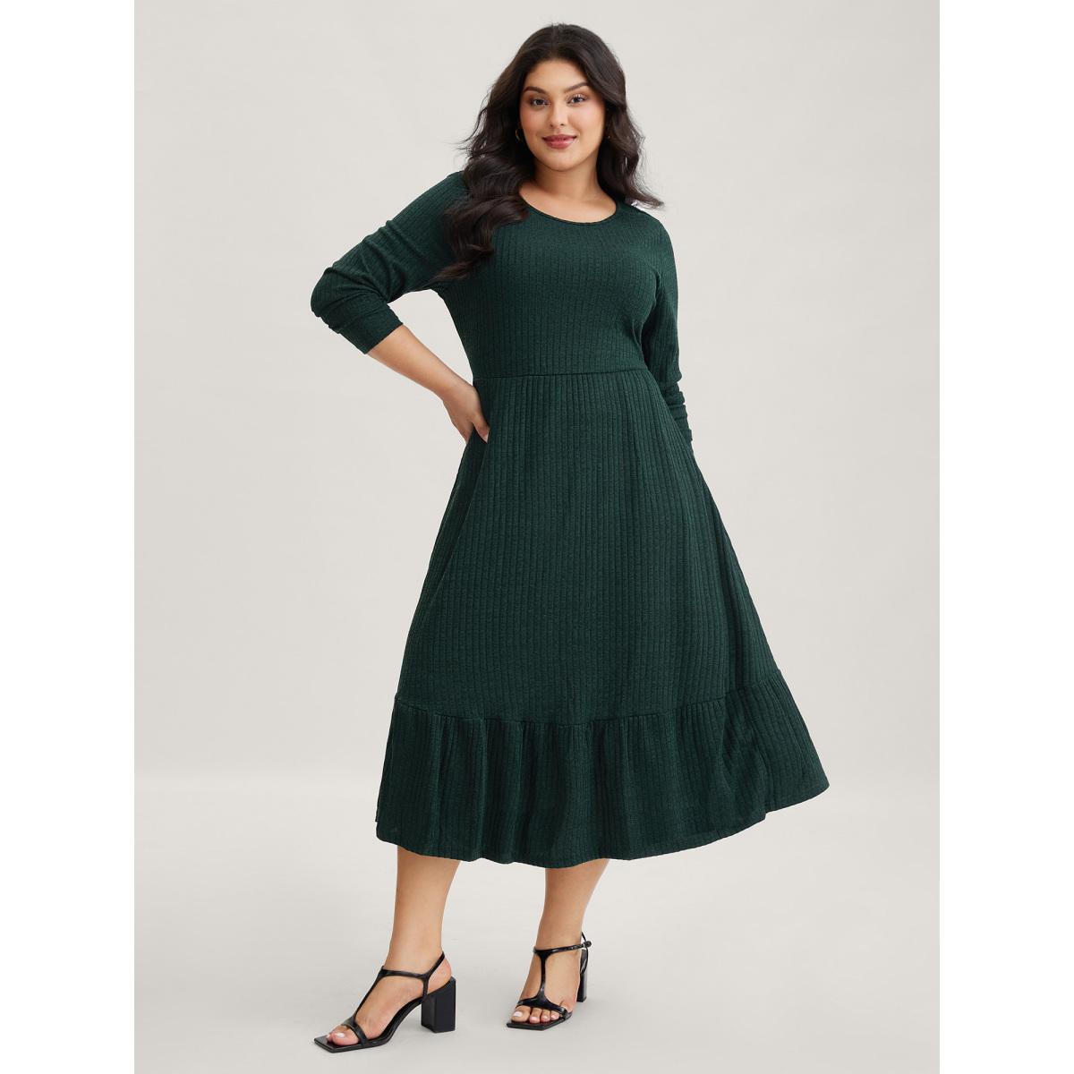 Plus Size Solid Pocket Rib Knit Ruffle Hem Dress Without Belt DarkGreen Women Leisure Non Round Neck Long Sleeve Curvy Midi Dress BloomChic 28/5X Product Image