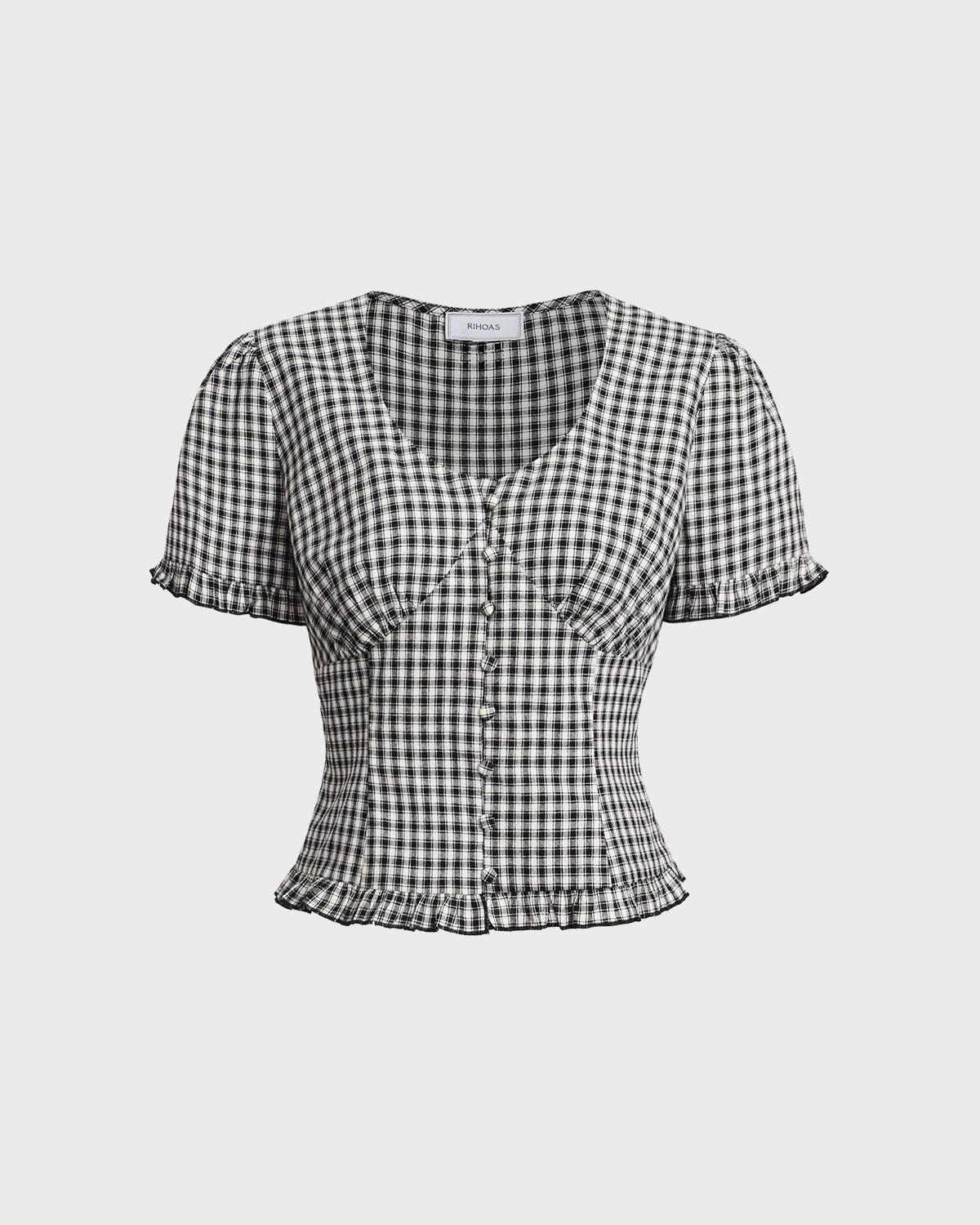 Black Plaid V Neck Ruffle Blouse Product Image