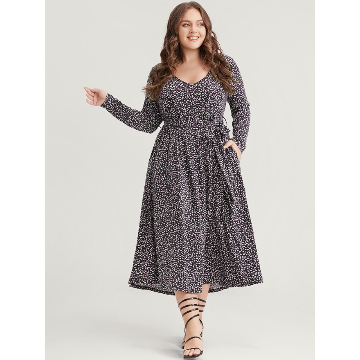 Plus Size Ditsy Floral Pocket Pocket Belted Asymmetrical Hem Dress Midnight Women Elegant V-neck Long Sleeve Curvy Midi Dress BloomChic 26/4X Product Image