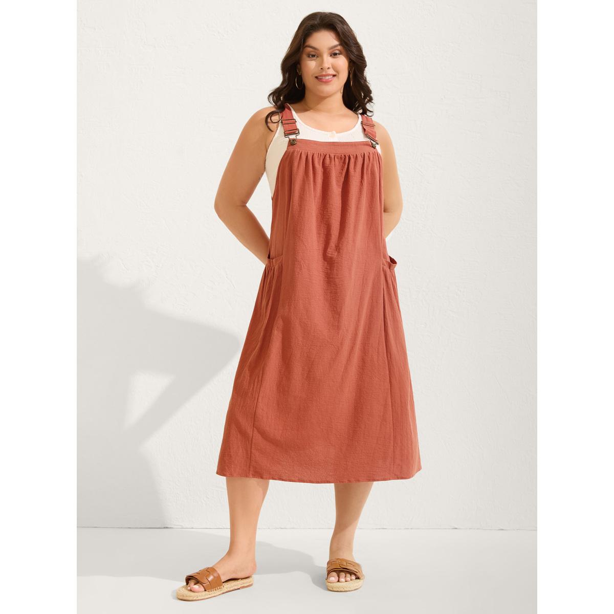 Plus Size Pure Cotton Pleated Pockets Midi Dress Rust Women Leisure Square Neck Sleeveless Curvy BloomChic 28/5X Product Image