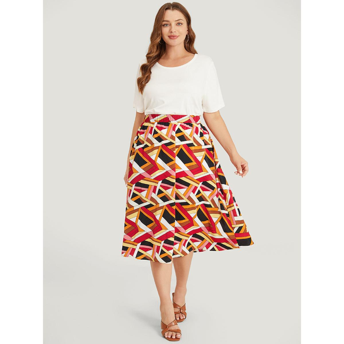 Plus Size Geometric Contrast Pocket Flutter Skirt Women Multicolor Elegant Contrast No stretch Pocket Dailywear Skirts BloomChic 14-16/1X Product Image