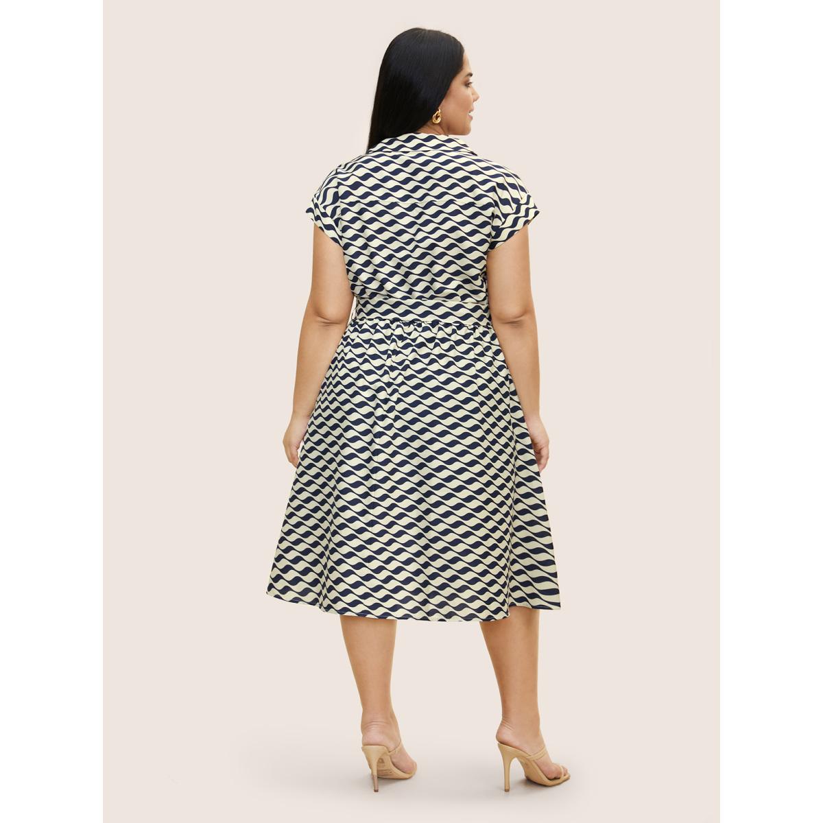 Plus Size Shirt Collar Striped Belted Midi Dress Navy Women At the Office Belted Shirt collar Cap Sleeve Curvy BloomChic 28/5X Product Image