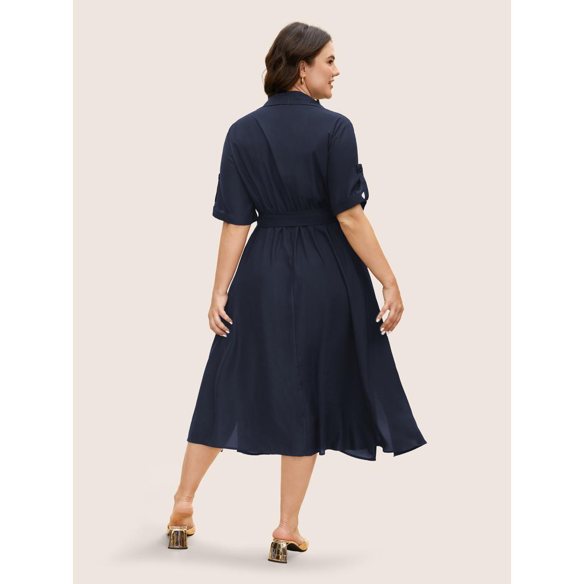 Plus Size Shirt Collar Tab Sleeve Split Hem Dress Cyan Women Office Belted Shirt collar Half Sleeve Curvy BloomChic 12/L Product Image