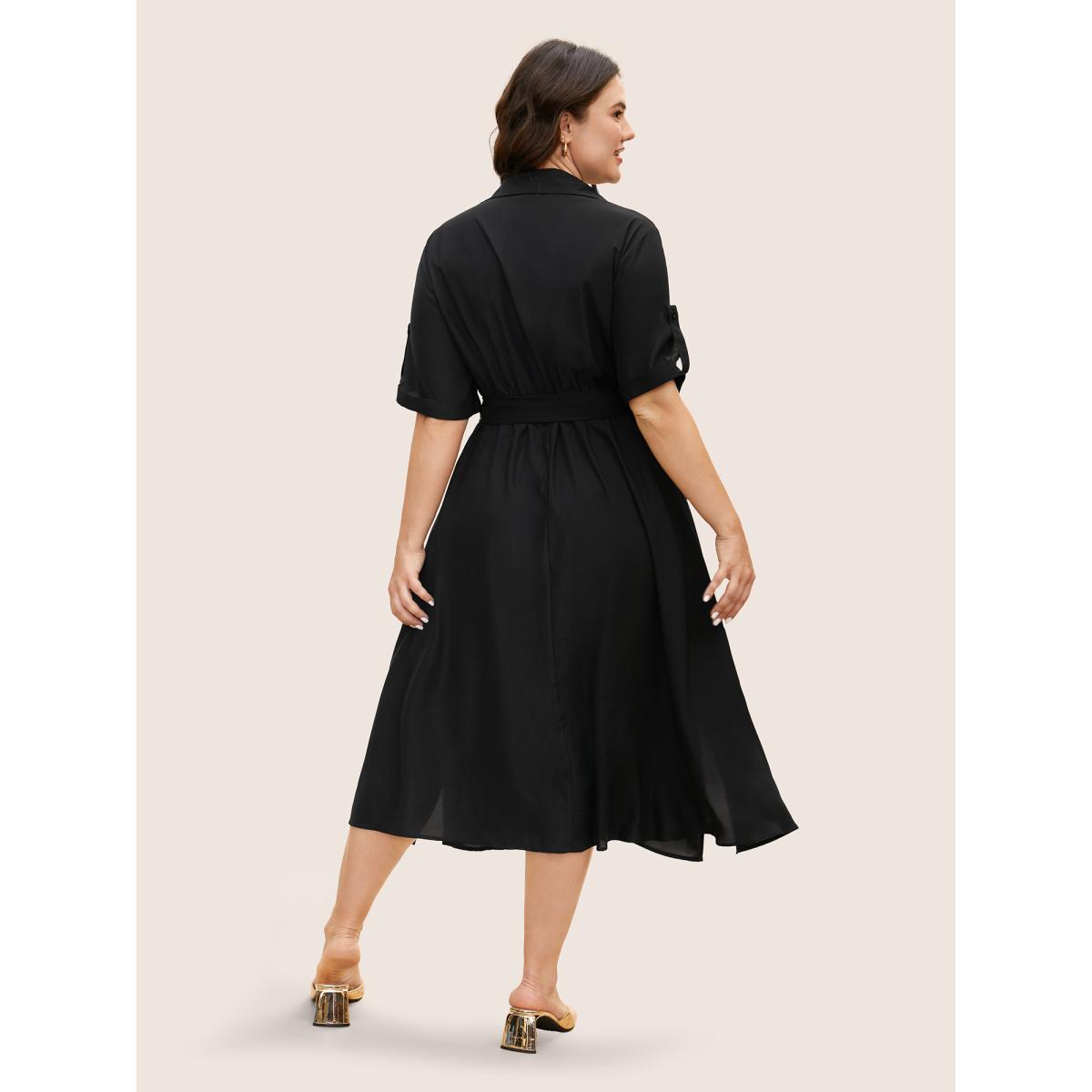 Plus Size Shirt Collar Tab Sleeve Split Hem Dress Black Women Office Belted Shirt collar Half Sleeve Curvy BloomChic 28/5X Product Image