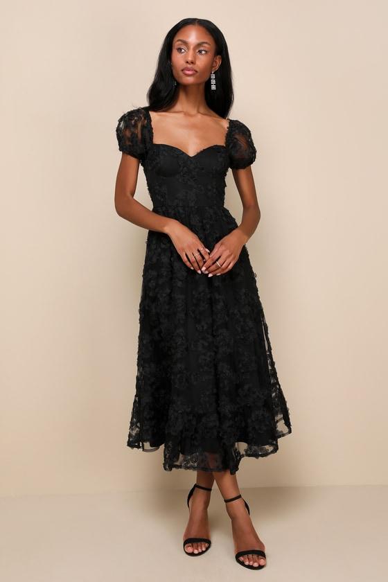 Notable Elegance Black Mesh Floral Applique Bustier Midi Dress Product Image