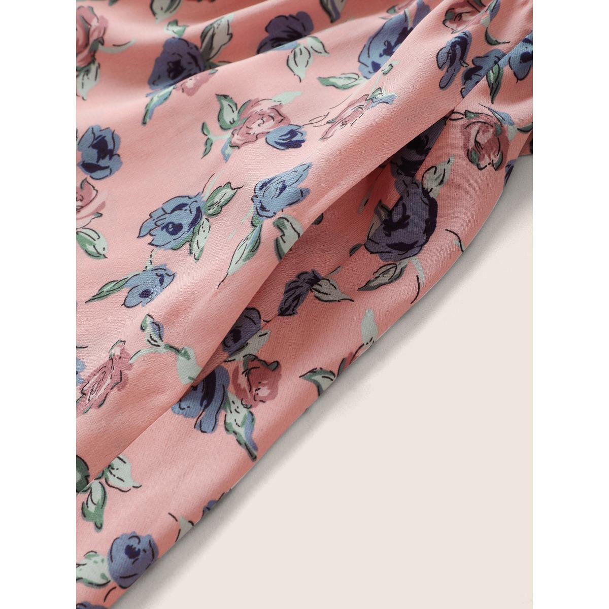 Plus Size Floral Print V Neck Pleated Belted Dress Rouge Women Elegant Non V-neck Short sleeve Curvy Midi Dress BloomChic 18-20/2X Product Image