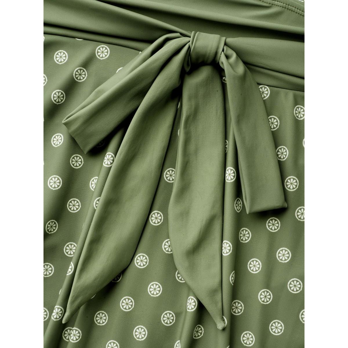 Plus Size Boho Print Waist-Tie Surplice Neck Swim Dress Women's Swimwear Greenbean Resort Bodycon Overlap Collar High stretch Curve Swim Dresses BloomChic 10/M Product Image