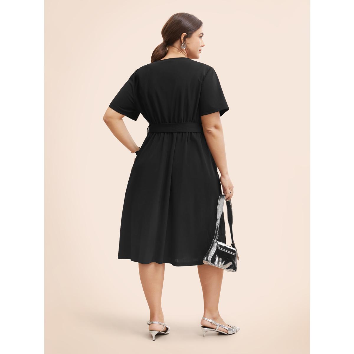 Plus Size Crew Neck Metal Button Detail Belted Dress Black Women At the Office Belted Round Neck Short sleeve Curvy BloomChic 30/6X Product Image