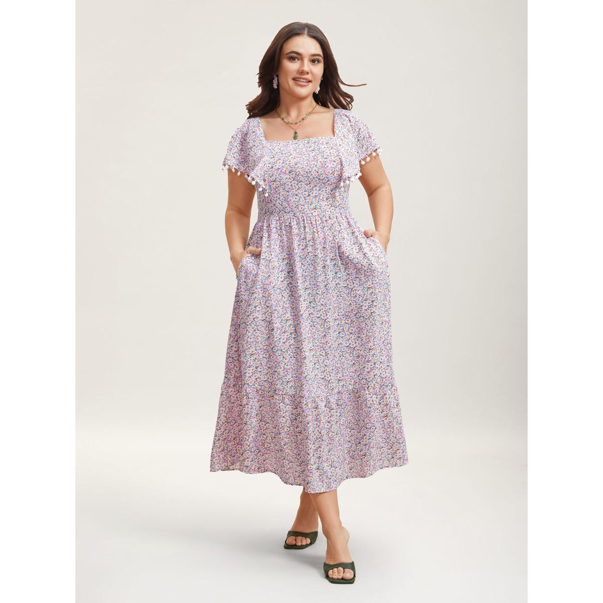 Plus Size Square Neck Floral Print Tassels Tiered Midi Dress Lavender Women Elegant Woven ribbon&lace trim Square Neck Short sleeve Curvy BloomChic 14-16/1X Product Image