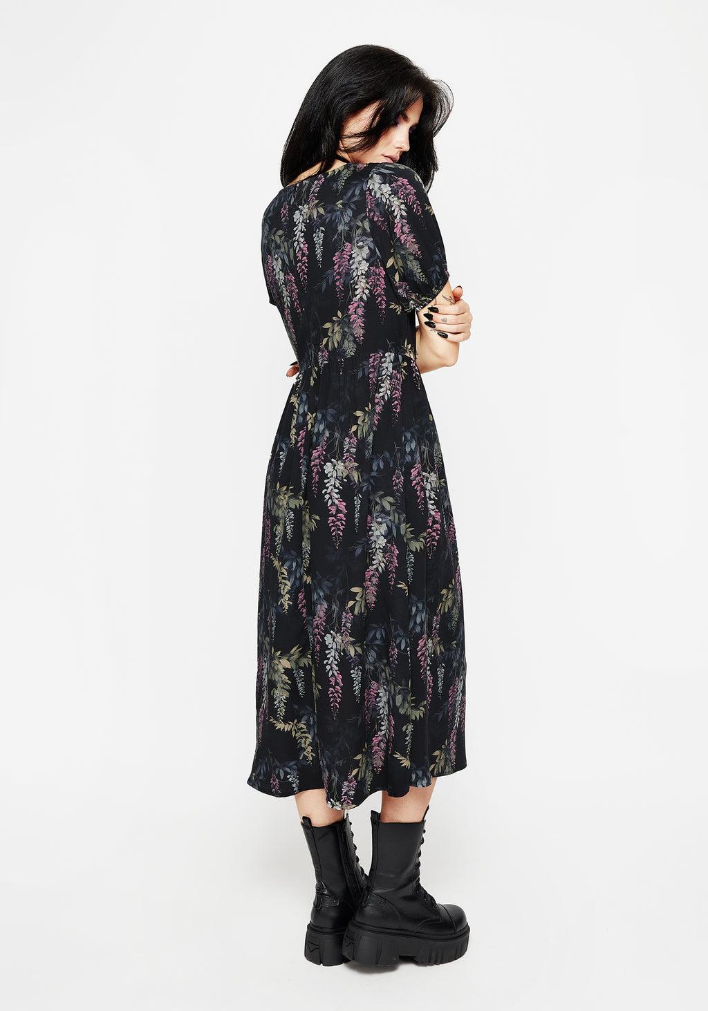 Wisteria Floral Print Puff Sleeve Midi Dress Product Image