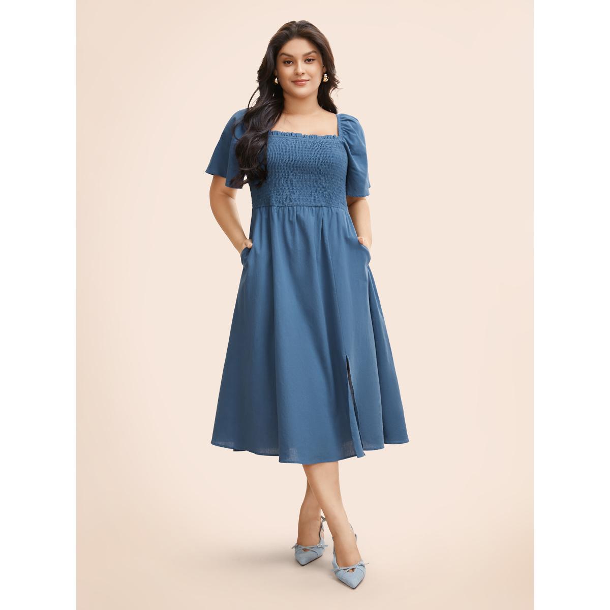 Plus Size Cotton Square Neck Shirred Ruffle Sleeve Split Hem Dress Aegean Women Casual Gathered Square Neck Short sleeve Curvy BloomChic 14-16/1X Product Image